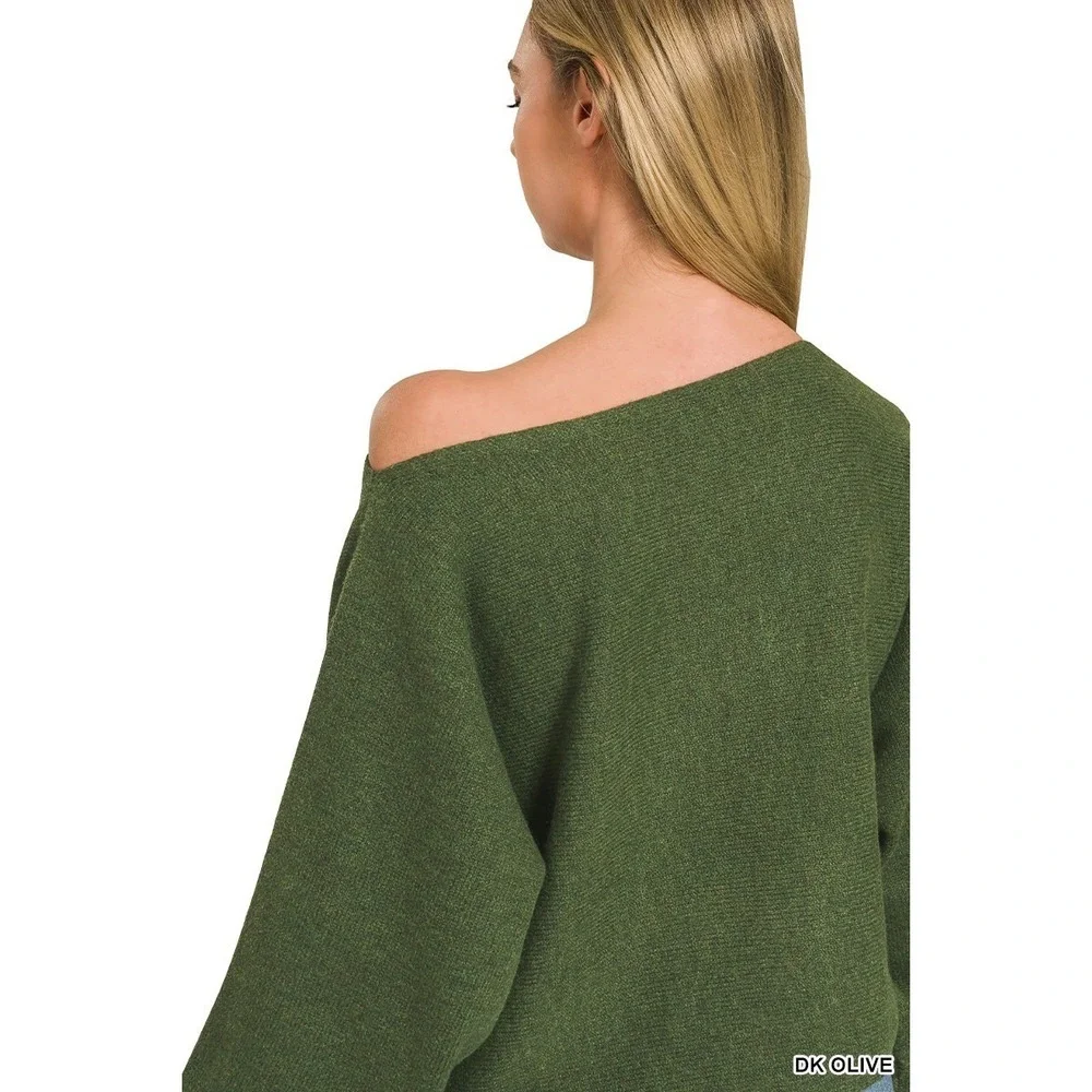 Zenana Boat Neck Balloon Sleeve Sweater - Dk Olive - Small - Picture 8 of 9